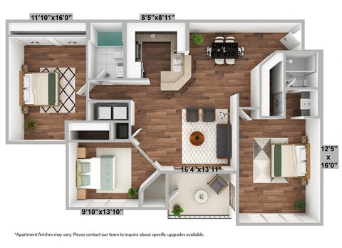 Floor plan for 3 beds, 2 baths, 1410 sqft